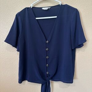 Pink Rose Navy Flutter Sleeve Button Down Blouse